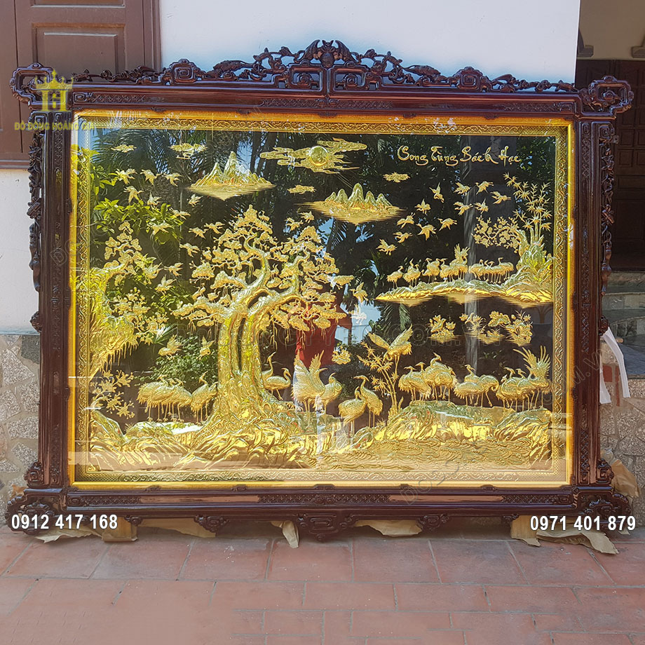 Tranh Đồng B&aacute;ch Hạc Quần T&ugrave;ng Mạ Bạc Mạ Đồng Đỏ 2M32